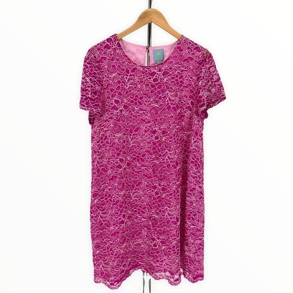 CeCe Pink Corded Lace Short Sleeve Shift Mini Dress size 10 - Picture 2 of 13